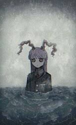 Rule 34 | 1girl, animal ears, black jacket, breast pocket, buttons, collared shirt, crescent, crescent moon, crescent pin, diagonal bangs, jacket, long hair, long sleeves, moon, n0een, necktie, non-web source, pale skin, partially submerged, pin, pocket, purple hair, rabbit ears, rabbit girl, rain, red eyes, red necktie, reisen udongein inaba, sad, shirt, third-party source, touhou, water, water drop, wet, wet clothes, wet hair, white fur, white shirt
