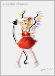 Rule 34 | 1girl, absurdres, ascot, blonde hair, blouse, blush, border, breasts, character name, closed mouth, collared shirt, commentary request, crystal, embodiment of scarlet devil, flandre scarlet, frilled shirt collar, frilled skirt, frills, grey border, happy, hat, hat ribbon, highres, holding, holding weapon, hoshiringo0902, laevatein (touhou), lips, medium hair, mob cap, no shoes, one side up, outstretched arm, puffy short sleeves, puffy sleeves, red eyes, red ribbon, red skirt, red vest, ribbon, shirt, short sleeves, side ponytail, simple background, skirt, small breasts, smile, socks, solo, touhou, vest, weapon, white background, white hat, white shirt, white socks, wings, yellow ascot