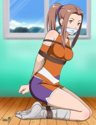 Rule 34 | absurdres, arms behind back, bdsm, bondage, bound, bound ankles, bound arms, bound wrists, breasts, brown eyes, brown hair, cloth gag, digimon, digimon adventure tri., gag, gagged, highres, improvised gag, legs, looking at viewer, medium breasts, over the mouth gag, shadow xcp, tachikawa mimi, thighs