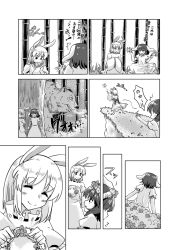 Rule 34 | animal ears, bamboo, bamboo forest, bear, comic, forest, greyscale, head wreath, highres, inaba tewi, mana (gooney), monochrome, nature, rabbit, rabbit ears, rabbit tail, speech bubble, tail, text focus, touhou, translation request