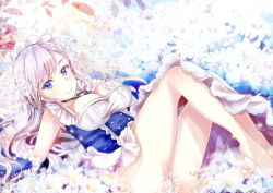 Rule 34 | 1girl, ass, azur lane, bad id, bad pixiv id, bare legs, belfast (azur lane), blue eyes, blue gloves, breasts, broken, broken chain, chain, cleavage, closed mouth, commentary request, dress, elbow gloves, flower, gloves, large breasts, long hair, lying, mutang, on back, panties, see-through, silver hair, sleeveless, sleeveless dress, solo, underwear, veil, very long hair, white flower, white panties