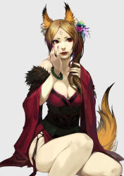 Rule 34 | 1girl, absurdres, animal ears, bebe1999, bracelet, breasts, brown hair, cleavage, eyeliner, facial mark, flower, forehead mark, fox ears, fox tail, hair flower, hair ornament, highres, japanese clothes, jewelry, kimono, large breasts, lips, long hair, makeup, nail polish, obi, off shoulder, original, red eyes, sash, side ponytail, solo, tail, thighs