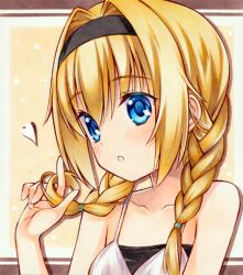 Rule 34 | 1girl, bare shoulders, black hairband, blonde hair, blue eyes, blush, braid, chitose sana, close-up, collarbone, colored eyelashes, commentary request, drop shadow, hair between eyes, hair intakes, hairband, hand up, heart, index finger raised, light brown background, long hair, looking at viewer, marker (medium), parted lips, photo (medium), playing with own hair, simple background, solo, takt shindo, tenshinranman, traditional media, twin braids