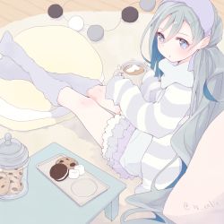 Rule 34 | 10s, 1girl, alternate costume, blue eyes, blue hair, chocolate chip cookie, colis, cookie, cup, cushion, food, frilled skirt, frills, grey eyes, grey hair, grey socks, hair between eyes, hairband, holding, holding cup, hot chocolate, jar, kantai collection, kiyoshimo (kancolle), kneehighs, long hair, long sleeves, looking at viewer, looking to the side, loose socks, low twintails, marshmallow, mug, multicolored hair, oreo, rug, sitting, skirt, sleeves past wrists, socks, solo, striped clothes, striped sweater, sweater, table, tray, twintails, twitter username, very long hair, wooden floor