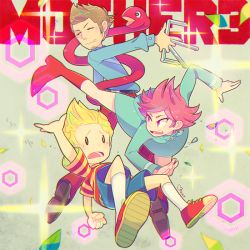 Rule 34 | 1girl, 2boys, action, artist name, belt, bike shorts, blonde hair, boots, brown hair, chromatic aberration, duster (mother), facial hair, fang, fingerless gloves, gloves, hood, hoodie, jewelry, kicking, kumatora, lucas (mother 3), messy hair, mother (game), mother 3, multiple boys, mysticotoe, necklace, nintendo, pants, pink eyes, pink hair, quiff, rope snake, shoes, short hair, shorts, sneakers, staple, striped
