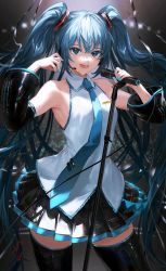 Rule 34 | 1girl, aqua eyes, aqua hair, aqua nails, aqua necktie, armpits, bare shoulders, black skirt, black thighhighs, blush, breasts, collarbone, collared shirt, detached sleeves, hatsune miku, headset, highres, hoojiro, lens flare, long hair, looking at viewer, microphone stand, nail polish, necktie, open mouth, pleated skirt, shiny clothes, shirt, sidelocks, signature, skirt, sleeveless, small breasts, solo, sweat, sweatdrop, thighhighs, twintails, very long hair, vocaloid, white shirt, zettai ryouiki