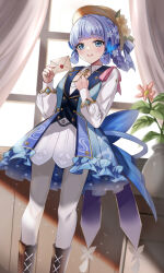 Rule 34 | 1girl, ayaka (genshin impact), blue dress, blue eyes, blue hair, blunt bangs, blunt tresses, blush, boots, braid, breasts, brown footwear, brown hat, butterfly hair ornament, butterfly ring, cross-laced footwear, crown braid, dress, envelope, feet out of frame, flower, genshin impact, hair flower, hair ornament, harimoji, hat, hat flower, hat leaf, highres, holding, holding letter, kamisato ayaka, kamisato ayaka (springbloom missive), knee boots, large breasts, letter, light blue hair, long hair, long sleeves, looking at viewer, mole, mole under eye, multicolored clothes, multicolored dress, official alternate costume, official alternate hairstyle, open mouth, pantyhose, sidelocks, smile, solo, standing, thighs, wax seal, white dress, white pantyhose