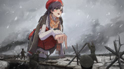 Rule 34 | 1girl, beret, black hair, black jacket, brown hair, giant, giantess, girls&#039; frontline, hanabusaraleigh, hat, jacket, jacket on shoulders, lewis (girls&#039; frontline), lewis (holy night promise) (girls&#039; frontline), long hair, long sleeves, official alternate costume, open mouth, orange scarf, outdoors, plaid, plaid scarf, red headwear, scarf, sweater, thighhighs, white sweater, white thighhighs