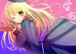 Rule 34 | 10s, 1girl, atago (kancolle), bad id, bad pixiv id, beret, blonde hair, blue background, blue eyes, blush, breasts, character name, gloves, hat, heart, kantai collection, large breasts, long hair, long sleeves, nan (jyomyon), one eye closed, pink background, two-tone background