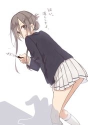 Rule 34 | 1girl, black jacket, blush, brown hair, feet out of frame, folded ponytail, from behind, grey eyes, head tilt, holding, holding pen, jacket, long sleeves, looking at viewer, looking back, open mouth, original, pen, pleated skirt, rucchiifu, skirt, socks, solo, standing, translation request, white skirt, white socks