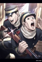 Rule 34 | 2boys, :d, :o, belt pouch, black eyes, black hair, brothers, day, glint, golden kamuy, gun, hand up, hat, highres, holding, holding gun, holding weapon, long sleeves, male focus, menma kozo, military, military hat, military uniform, multiple boys, nikaidou kouhei, nikaidou youhei, open mouth, pouch, rifle, shouting, siblings, smile, twins, twitter username, uniform, weapon