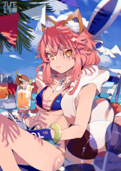 Rule 34 | 1girl, absurdres, animal ear fluff, animal ears, bare arms, bare legs, beach, beach chair, bikini, bird, blue bikini, blue sky, bracelet, breasts, cleavage, closed mouth, cloud, commentary, cup, dated, drink, drinking glass, fate/grand order, fate (series), food, fox ears, fruit, heart, highres, holding, holding drink, innertube, jewelry, long hair, looking at viewer, magazine (object), medium breasts, necklace, ocean, orange eyes, outdoors, pink hair, reading, sky, smile, solo, string bikini, swim ring, swimsuit, tamamo (fate), tamamo no mae (fate/extra), tamamo no mae (swimsuit lancer) (third ascension) (fate), taowu (20809), watermelon, watermelon slice