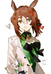 Rule 34 | 1girl, ascot, bow, bowtie, brown hair, coat, collared shirt, dated, fine motion (umamusume), green eyes, green shirt, hair bun, hair ornament, heart, highres, hikawayunn, long sleeves, looking at viewer, open clothes, open coat, open mouth, shirt, short hair, simple background, solo, umamusume, upper body, white background, white coat