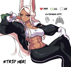 Rule 34 | 1girl, abs, absurdres, animal ears, black jacket, black pants, boku no hero academia, carrot, crossed legs, dark-skinned female, dark skin, english text, food, fur-trimmed jacket, fur trim, gloves, hand on own knee, heart, highres, holding, holding food, holding vegetable, jacket, like and retweet, long eyelashes, long hair, looking at viewer, meme, midriff, mirko, moi yablochki, muscular, muscular female, navel, nike (company), obliques, pants, parted bangs, parted lips, rabbit ears, rabbit girl, red eyes, sitting, solo, sports bra, stomach, twitter strip game (meme), vegetable, very long hair, white background, white gloves, white hair, white sports bra