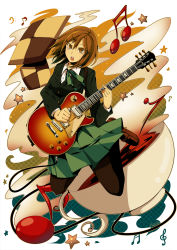 Rule 34 | 1girl, bad id, bad pixiv id, bass clef, brown eyes, brown hair, cookie, electric guitar, food, guitar, highres, hirasawa yui, instrument, k-on!, kishichi, musical note, open mouth, oversized object, pantyhose, quaver, school uniform, short hair, solo, treble clef