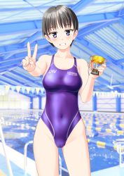 Rule 34 | 1girl, absurdres, black hair, breasts, cameltoe, clothes writing, collarbone, commentary request, competition swimsuit, contrapposto, covered navel, cowboy shot, grin, highres, holding, holding trophy, indoors, medium breasts, one-piece swimsuit, original, pool, purple eyes, purple one-piece swimsuit, short hair, smile, solo, string of flags, swimsuit, takafumi, trophy, v