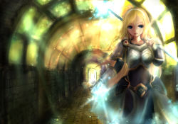 Rule 34 | 1girl, armor, blonde hair, blue eyes, bodysuit, hairband, hallway, highres, league of legends, lips, long hair, lux (league of legends), nose, solo, staff, zhang xiao bo