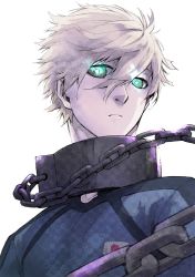 Rule 34 | 1boy, blue lock, blue shirt, chain, cleaned, closed mouth, collar, glowing, glowing eyes, grey eyes, hair between eyes, highres, japanese flag, long sleeves, male focus, nagi seishirou, nomura yuusuke, official art, serious, shirt, short hair, simple background, solo, solo focus, textless version, white background, white hair