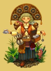Rule 34 | androgynous, basket, black tea, brown background, brown footwear, brown headwear, coin purse, cookie, creamer (vessel), cup, food, full body, gender request, green hair, highres, long skirt, long sleeves, looking at viewer, orange eyes, original, outdoors, plant, pocket watch, scone, short hair, simple background, skirt, smile, solo, standing, striped clothes, striped skirt, sumika inagaki, tea, teacup, teapot, watch