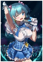 Rule 34 | 1girl, armpits, audience, blue hair, blue skirt, blush, border, breasts, collared shirt, earrings, frilled skirt, frills, gloves, glowstick, hair ornament, hair scrunchie, hand up, highres, holding, jewelry, large breasts, looking at viewer, magia record: mahou shoujo madoka magica gaiden, mahou shoujo madoka magica, microphone, minami rena, noeru, one eye closed, open mouth, pink scrunchie, plaid, plaid skirt, scrunchie, shirt, short hair, short sleeves, short twintails, skirt, smile, solo, twintails, white border, white gloves, white shirt, white sleeves