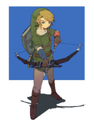 Rule 34 | 1boy, blonde hair, blue eyes, bow (weapon), gloves, hat, link, male focus, nikayu, nintendo, pointy ears, shield, shield on back, solo, the legend of zelda, the legend of zelda: twilight princess, weapon