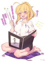 Rule 34 | 1girl, :d, ahoge, alternate costume, artoria pendragon (fate), barefoot, black skirt, blonde hair, blue eyes, blush, breasts, collarbone, collared shirt, cup, cushion, dress shirt, fate/grand order, fate (series), feet, highres, holding, large breasts, legs, looking at viewer, menu, mitsurugi sugar, mysterious heroine x (fate), mysterious heroine xx (fate), open mouth, ponytail, seiza, shirt, short sleeves, sidelocks, sitting, skirt, smile, soles, solo, toes, tongs, translated, variant set, white shirt