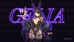 Rule 34 | 1girl, animal ears, black hair, black leotard, blue eyes, breasts, brown dust 2, celia (brown dust), center opening, champagne bottle, character name, closed mouth, copyright name, cup, detached sleeves, eyepatch, feet out of frame, floral print, garter belt, groin, highres, holding, holding tray, large breasts, leotard, long bangs, long hair, looking at viewer, neon lights, official art, playboy bunny, reflection, second-party source, see-through, see-through leotard, sleeveless turtleneck leotard, solo, thigh strap, thighhighs, tray
