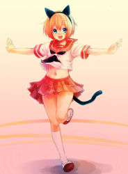 Rule 34 | 1boy, animal ears, blue eyes, cat boy, cat ears, cat tail, crossdressing, cuilan, highres, male focus, outstretched arms, red hair, school uniform, senkou no ronde, serafuku, solo, spread arms, standing, standing on one leg, tail, trap, usa (artist), usaki (ama)