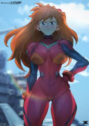 Rule 34 | 1girl, :&lt;, aircraft, alternate breast size, artist name, blue eyes, blue sky, blush, bodysuit, breasts, brown hair, character name, curvy, floating hair, flytrapxx, hand on own hip, highres, large breasts, long hair, narrow waist, neon genesis evangelion, parted lips, plugsuit, red bodysuit, shaded face, shiny clothes, simple background, sky, solo, souryuu asuka langley, standing, thighs
