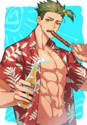 Rule 34 | 1boy, achilles (fate), bare pectorals, beer bottle, blue background, border, bottle, brown eyes, collarbone, corona (brand), fate/grand order, fate (series), food, grey hair, haruakira, hawaiian shirt, highres, holding, holding bottle, holding food, holding skewer, hot dog, imminent bite, ketchup, male focus, muscular, muscular male, one side up, open clothes, open mouth, open shirt, pectorals, shirt, short hair, skewer, solo, teeth, undercut, upper body, white border