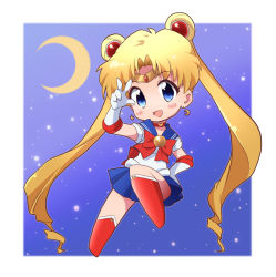 Rule 34 | 1girl, bishoujo senshi sailor moon, blonde hair, blue background, blue eyes, blue sailor collar, blue skirt, blush, boots, bow, brooch, chibi, choker, crescent moon, double bun, earrings, elbow gloves, female focus, full body, gloves, hair bun, hair ornament, hairpin, jewelry, kingetsu mikoto, knee boots, light particles, long hair, magical girl, moon, open mouth, pleated skirt, red bow, ribbon, sailor collar, sailor moon, sailor senshi uniform, skirt, smile, solo, tsukino usagi, twintails, v, white gloves