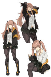 Rule 34 | 1girl, :3, absurdres, armband, arms up, black footwear, black jacket, black panties, black pantyhose, black ribbon, black skirt, boots, breasts, brown hair, closed mouth, clothes lift, collarbone, commentary, cross-laced footwear, english commentary, fingerless gloves, full body, girls&#039; frontline, gloves, hair between eyes, hair ornament, hair ribbon, hairclip, highres, jacket, knee pads, lace-up boots, lifting own clothes, long hair, long sleeves, looking at viewer, medium breasts, midriff peek, multiple views, mutugorou u, neck ribbon, off shoulder, open mouth, panties, pantyhose, pleated skirt, red eyes, ribbon, scar, scar across eye, scar on face, shirt, simple background, sitting, skirt, skirt lift, smile, standing, thigh strap, twintails, ump9 (girls&#039; frontline), underwear, very long hair, white background, white shirt, yellow armband