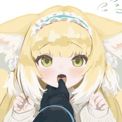 Rule 34 | 1girl, 1other, arknights, blonde hair, blue hairband, blush, cardigan, chack520, chinese commentary, colored tips, commentary request, doctor (arknights), fangs, finger in another&#039;s mouth, flying sweatdrops, frilled hairband, frills, green eyes, grey cardigan, hairband, highres, looking at viewer, multicolored hair, official alternate costume, open mouth, pov, pov hands, sleeves past wrists, suzuran (arknights), suzuran (spring praise) (arknights), teeth, tongue, tongue out, upper teeth only, white hair