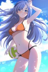 Rule 34 | 1girl, arm up, armpits, ball, bikini, blue eyes, blue hair, borrowed character, bow, breasts, cleavage, cloud, commission, hair bow, highres, long hair, medium breasts, bae minah (chaesu), navel, orange bikini, original, outdoors, ribbon, rin ateria, skeb commission, sky, solo, swimsuit, thighs, volleyball, volleyball (object)