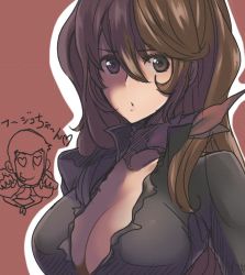 Rule 34 | 1boy, 1girl, arsene lupin iii, black eyes, breasts, brown hair, chibi, chibi inset, cleavage, dyson (edaokunnsaikouya), heart, heart-shaped eyes, large breasts, long hair, looking at viewer, lupin dive, lupin iii, mine fujiko, neckerchief, torn clothes, upper body