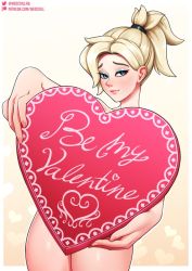 Rule 34 | 1girl, arm up, artist name, blonde hair, blue eyes, blush, border, cowboy shot, english text, eyeshadow, female focus, gift, gradient background, hair tie, half-closed eyes, heart, holding, incoming gift, lips, logo, looking at viewer, makeup, mercy (overwatch), neocoill, nude, outstretched arms, overwatch, overwatch 1, patreon, patreon username, ponytail, shiny skin, short hair, simple background, smile, solo, text focus, twitter username, valentine, watermark, web address, white border, yellow background