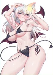 Rule 34 | &gt;:(, 1girl, animal ears, annytf, arms up, bare arms, bare shoulders, bikini, black bikini, breasts, cat ears, commentary, cowboy shot, demon tail, demon wings, hair between eyes, head wings, highres, himeliofon, indie virtual youtuber, large breasts, looking at viewer, navel, purple eyes, solo, standing, stomach, swimsuit, tail, thighs, v-shaped eyebrows, virtual youtuber, white hair, wings