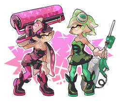 Rule 34 | + +, 2girls, ankle boots, black dress, black footwear, black hair, black jumpsuit, boots, breasts, brown eyes, callie (splatoon), cleavage, closed mouth, collar, commentary, cousins, detached collar, dress, e-liter 3k (splatoon), earrings, english commentary, food, food on head, gloves, gomipomi, gradient hair, green hair, green legwear, hand on own knee, holding, holding weapon, inkling, jewelry, jumpsuit, leaning forward, long hair, looking at viewer, marie (splatoon), medium breasts, mole, mole under eye, multicolored hair, multiple girls, nintendo, object on head, over shoulder, pantyhose, pointy ears, purple hair, purple legwear, short dress, short hair, short jumpsuit, smile, splat roller (splatoon), splatoon (series), splatoon 1, standing, strapless, strapless dress, sushi, tentacle hair, weapon, weapon over shoulder, white collar, white gloves
