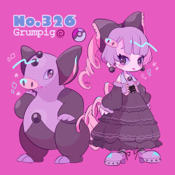 Rule 34 | 1girl, black bow, black dress, blunt bangs, bow, character name, creatures (company), detached sleeves, dress, earrings, full body, game freak, gen 3 pokemon, grumpig, jewelry, light purple hair, long sleeves, magenta background, moemon, narumame, necklace, nintendo, open mouth, personification, pink background, poke ball, poke ball (basic), pokedex number, pokemon, pokemon (creature), shoes, simple background, smile