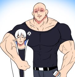Rule 34 | 2boys, bald, game console, hair between eyes, height difference, highres, hinghoi, male focus, multiple boys, muscular, personification, playstation 5, sketch, smile, upper body, veins, white hair, xbox series x