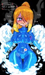 Rule 34 | 1girl, abs, black background, blonde hair, blue eyes, blush, bodysuit, breasts, cameltoe, english text, heart, heart in eye, highres, in heat, large breasts, long hair, looking at viewer, metroid, nintendo, nipples, open mouth, ponytail, rariatto (ganguri), samus aran, shaded face, solo, speaker, sweat, symbol in eye