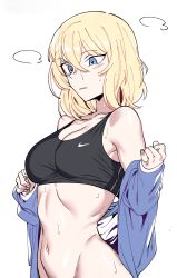 Rule 34 | 1girl, blonde hair, blue eyes, bottomless, crossed bangs, highres, navel, out-of-frame censoring, solo, sports bra, undressing, urec