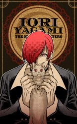 Rule 34 | cat, character name, choker, copyright name, covering face, hair over one eye, highres, jewelry, long sleeves, male focus, miru (mill 36), one eye covered, red eyes, red hair, ring, solo, the king of fighters, yagami iori