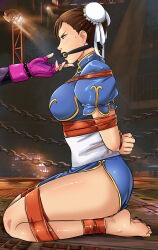 Rule 34 | 2girls, absurdres, arms behind back, ass, barefoot, bdsm, bit gag, body blush, bondage, bound, bound ankles, bound arms, bound legs, bound wrists, breasts, brown eyes, brown hair, bun cover, capcom, chain, chinese clothes, chun-li, double bun, from side, gag, gagged, hair bun, han juri, highres, improvised gag, kneeling, large breasts, legs, long legs, lost one zero, multiple girls, nail polish, seiza, short hair, sitting, street fighter, submission, sweat, tape, tape bondage