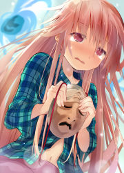 Rule 34 | 1girl, blush, crying, crying with eyes open, efe, hata no kokoro, long hair, mask, md5 mismatch, navel, pink eyes, pink hair, plaid, plaid shirt, shirt, solo, tears, touhou