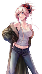 Rule 34 | 1girl, applekun, blue eyes, blue pants, breasts, casual, closed mouth, coat, collarbone, denim, earrings, fate/grand order, fate (series), grey tank top, hand on own hip, highres, jewelry, large breasts, long hair, looking up, medium breasts, midriff, miyamoto musashi (fate), open clothes, open coat, pants, silver hair, simple background, solo, standing, stomach, swept bangs, tank top, white background