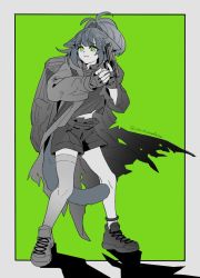 Rule 34 | 1girl, arknights, backpack, bag, black gloves, black shirt, black shorts, blue hair, fingerless gloves, gloves, green background, green eyes, grey bag, grey jacket, grey thighhighs, gun, hands up, highres, holding, holding gun, holding weapon, jacket, jessica (arknights), jessica (ash) (arknights), long hair, muted color, official alternate costume, open clothes, open jacket, ponytail, shadow, shirt, shoes, shorts, single thighhigh, solo, thighhighs, torn clothes, torn jacket, wavy mouth, weapon, yonezoudazo