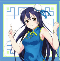 Rule 34 | 10s, 1girl, blue hair, blush, breasts, bun cover, china dress, chinese clothes, dress, frolaytia, long hair, looking at viewer, love live!, love live! school idol festival, love live! school idol project, pointing, pointing up, small breasts, smile, solo, sonoda umi, yellow eyes