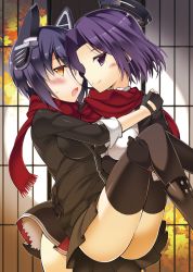 Rule 34 | 10s, 2girls, ass, blush, cardigan, carrying, female focus, fingerless gloves, gloves, halo, headgear, imminent kiss, kantai collection, looking at viewer, mechanical halo, mole, mole under eye, multiple girls, ohta yuichi, open mouth, personification, princess carry, purple eyes, purple hair, scarf, shared clothes, shared scarf, short hair, smile, sweatdrop, tatsuta (kancolle), tenryuu (kancolle), thighhighs, yellow eyes, yuri