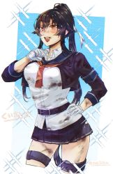 Rule 34 | 1girl, black hair, black skirt, blue sailor collar, breasts, clenched hand, commission, cropped legs, dirty, dirty clothes, dirty face, gloves, hagioshi, hair ribbon, hand on own hip, kantai collection, large breasts, long hair, long sleeves, miniskirt, neckerchief, open mouth, orange eyes, orange neckerchief, pleated skirt, ponytail, ribbon, sailor collar, simple background, skeb commission, skirt, solo, sparkle, twitter username, white gloves, white ribbon, yahagi (kancolle), yahagi kai ni (kancolle)